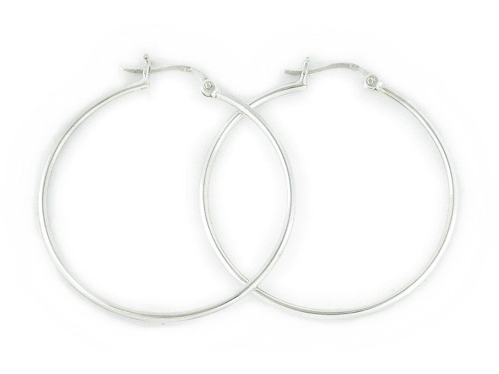 Sterling Silver Polished Round Tube Creole Hoop Earrings with Snapdown Posts - 1.5MM Thickness - 18mm, 22mm, 25mm, 30mm, 40mm, 50mm, 60mm, 65mm, 70mm, 80mm, 90mm & 100mm