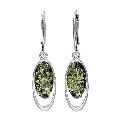 Large Amber Sterling Silver Earrings - Unusual Green Amber Fancy Dangly Drop Earrings - 070136