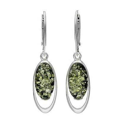 Large Amber Sterling Silver Earrings - Unusual Green Amber Fancy Dangly Drop Earrings - 070136