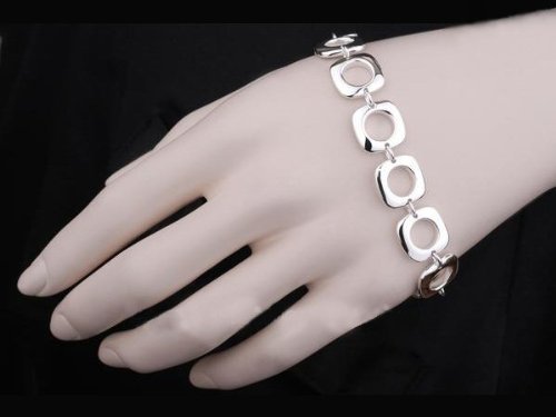 Square Cushion Link Bracelet with Toggle/T-Bar Clasp - 7.5" Inches - 925 Sterling Silver Plated
