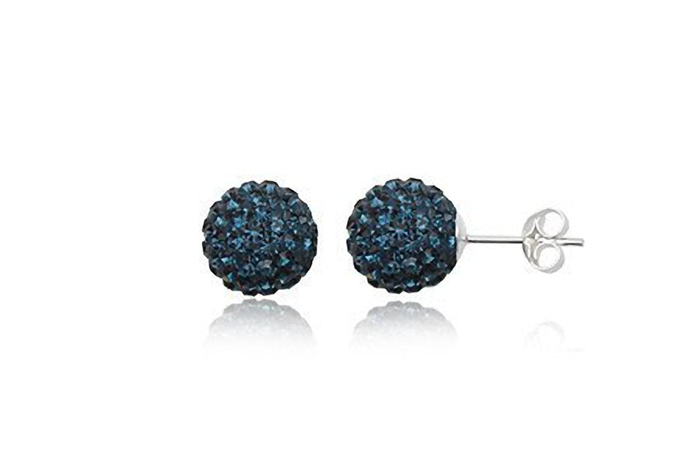 8MM Navy Blue Bling Sparkly Austrian Crystal Round Pave Disco/Glitter Ball Sterling Silver Stud Earrings/Ear Studs for Women Ladies Girls - 925 Sterling Silver