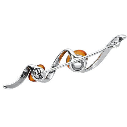 Contemporary/Victorian Ornate Style Amber Brooch Pin/Clip for Women Ladies - 925 Sterling 