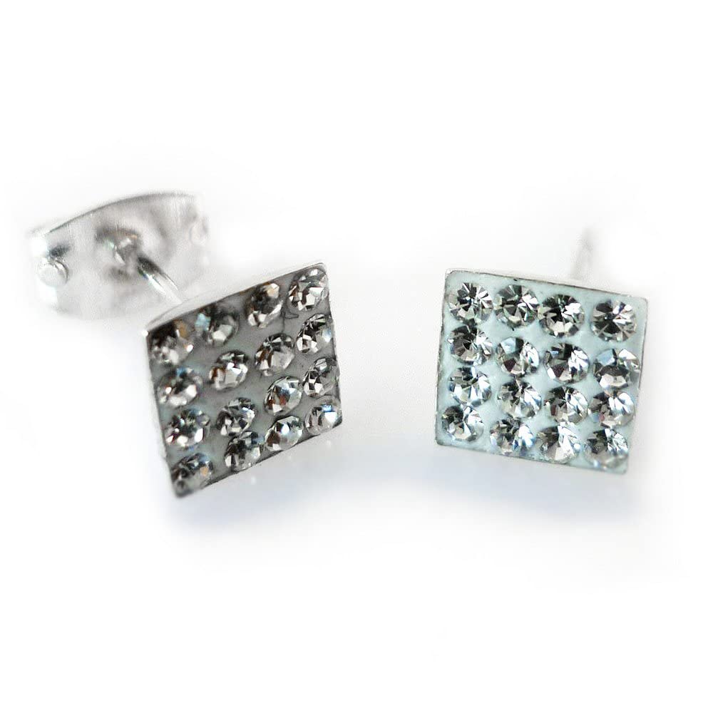 6MM Bling MENS Square Micro Pave Austrian Crystal Sterling Silver Stud Earrings – White/Clear -