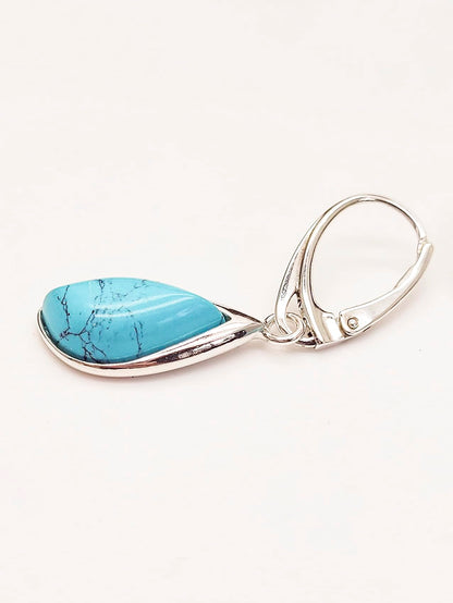 BLUE Turquoise Teardrop Sterling Silver Dangly/Dangle Drop Lever Back Earrings for Women Ladies Girls. 170130