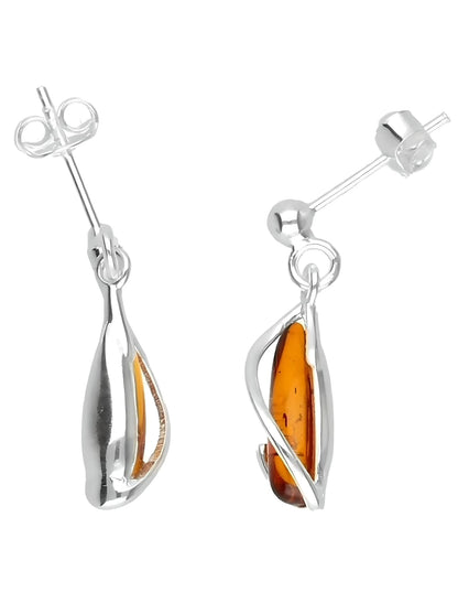Looped Lozenge 925 Sterling Silver Amber Earrings for Women/Girls - Unusual Dangly/Dangling Sterling Silver Drop Earrings for Women - Ear Stud Baltic Amber Jewellery. 080467