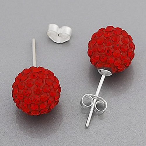 10MM RED Pave Rhinestone Ball Shamballa Style Sterling Silver Stud Earrings