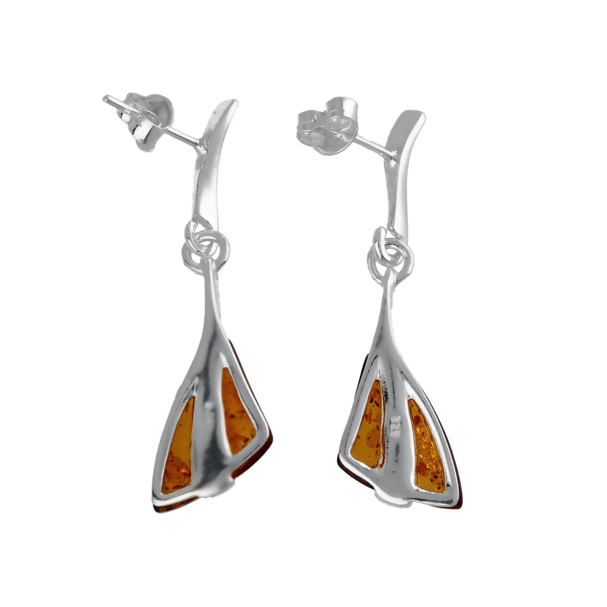 Cognac Amber Sterling Silver Earrings - Unusual Art Deco Amber Fancy Dangly/Dangle Drop for Women/Teenage/Girls - 925 Sterling Silver. 080432