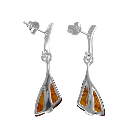 Cognac Amber Sterling Silver Earrings - Unusual Art Deco Amber Fancy Dangly/Dangle Drop for Women/Teenage/Girls - 925 Sterling Silver. 080432