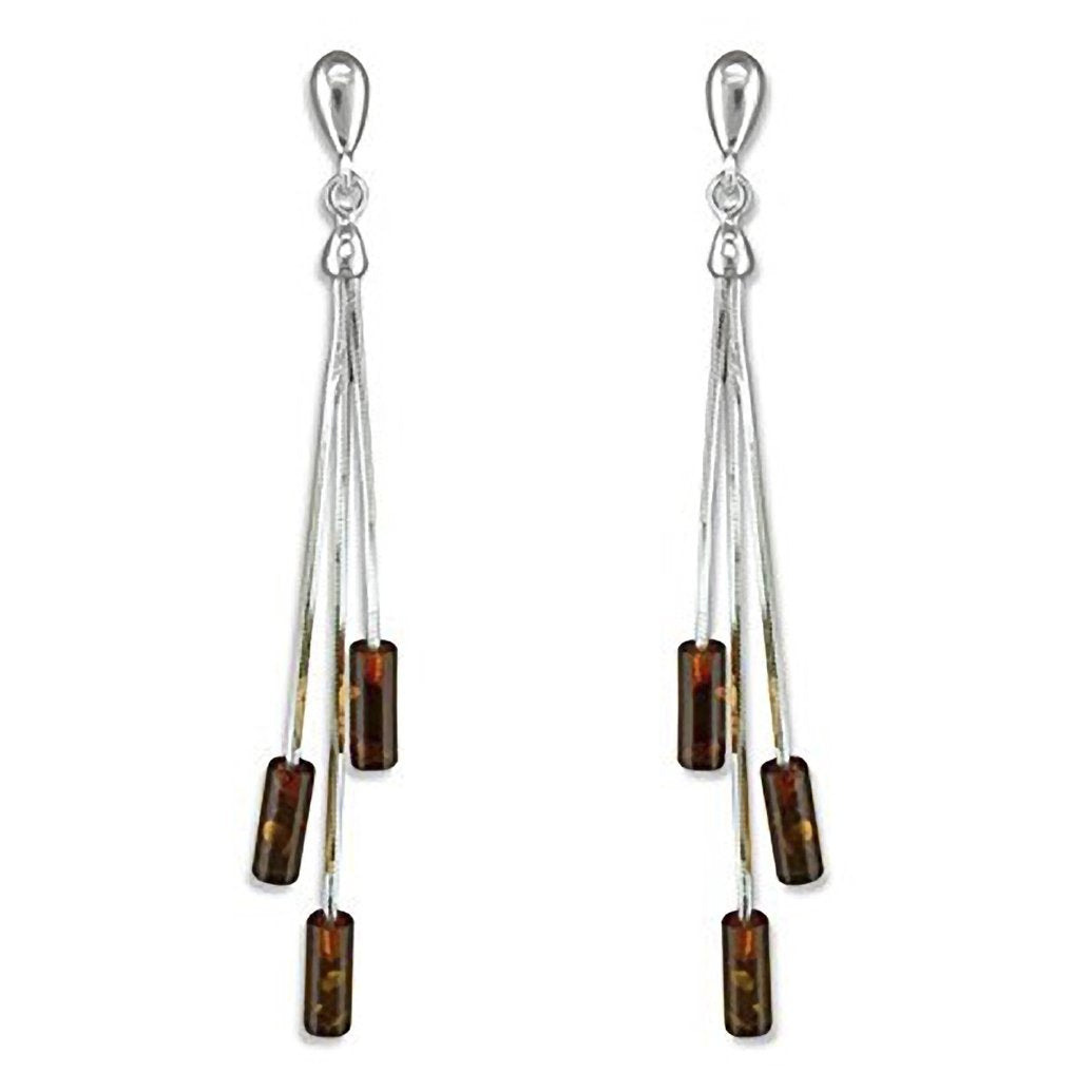 Triple Cognac Amber Tubes Long Fancy Dangly/Dangle Drop Silver Earrings for Women/Teenage/Girls - 925 Sterling Silver - Amber Jewellery - 9mm W X 64mm H - Weight: 3.22 Grams