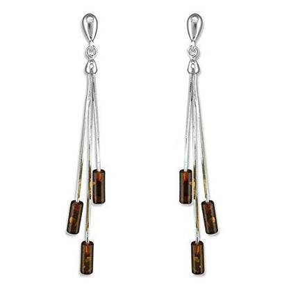Triple Cognac Amber Tubes Long Fancy Dangly/Dangle Drop Silver Earrings for Women/Teenage/Girls - 925 Sterling Silver - Amber Jewellery - 9mm W X 64mm H - Weight: 3.22 Grams