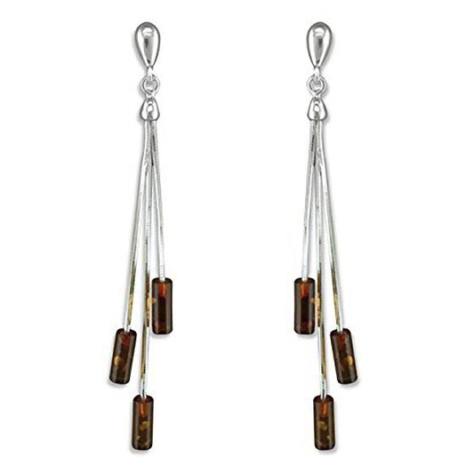 Triple Cognac Amber Tubes Long Fancy Dangly/Dangle Drop Silver Earrings for Women/Teenage/Girls - 925 Sterling Silver - Amber Jewellery - 9mm W X 64mm H - Weight: 3.22 Grams