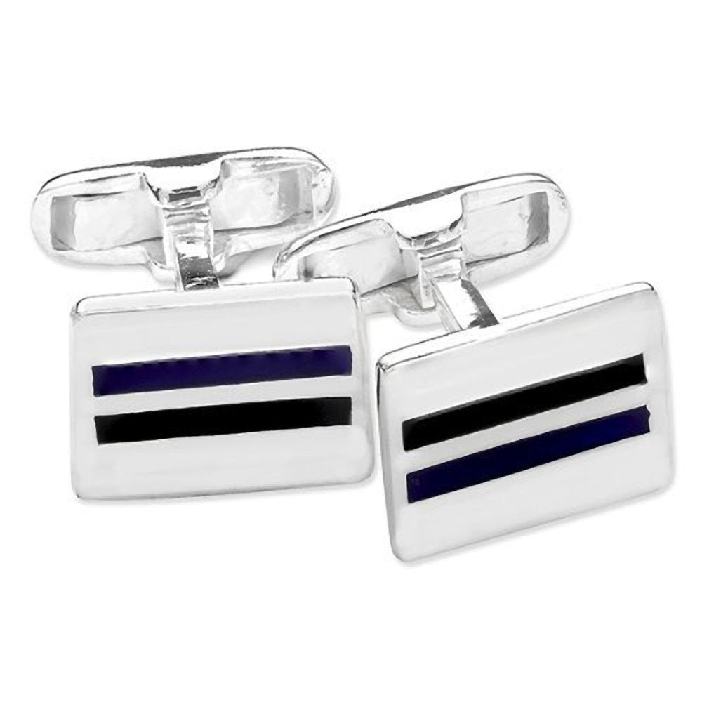 MENS Rectangular Black & Blue Enamel Dual Stripe Cufflinks - 925 Sterling Silver - Classic Cufflinks