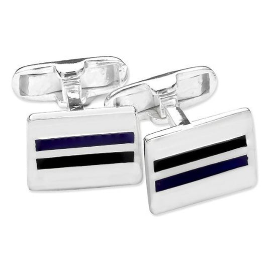 MENS Rectangular Black & Blue Enamel Dual Stripe Cufflinks - 925 Sterling Silver - Classic Cufflinks