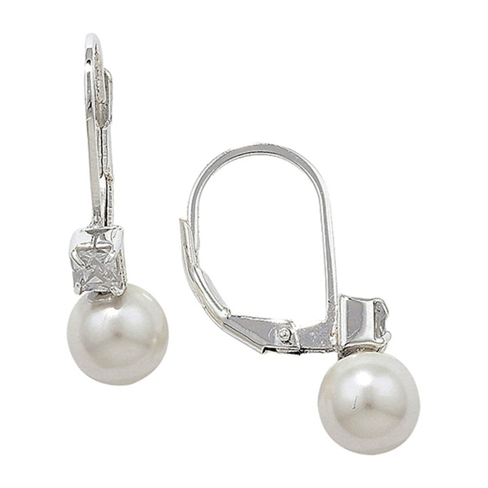 Small Pearl & Princess Cut Cubic Zirconias (CZ) Lever Back Dangly/Dangle Drop Silver Earrings for Women/Teenage/Girls - 925 Sterling Silver