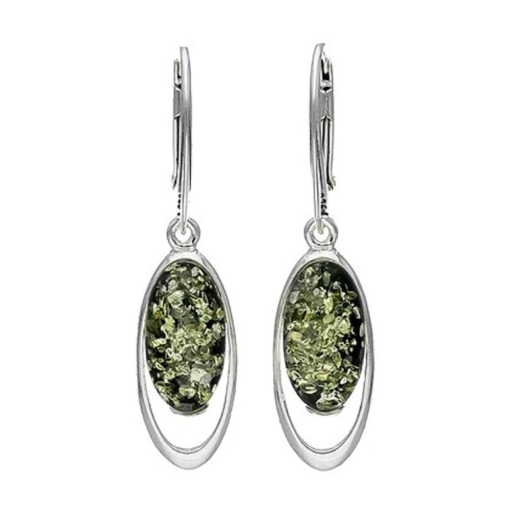 Large Amber Sterling Silver Earrings - Unusual Green Amber Fancy Dangly Drop Earrings - 070136