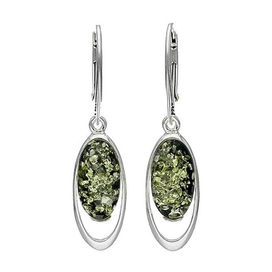 Large Amber Sterling Silver Earrings - Unusual Green Amber Fancy Dangly Drop Earrings - 070136