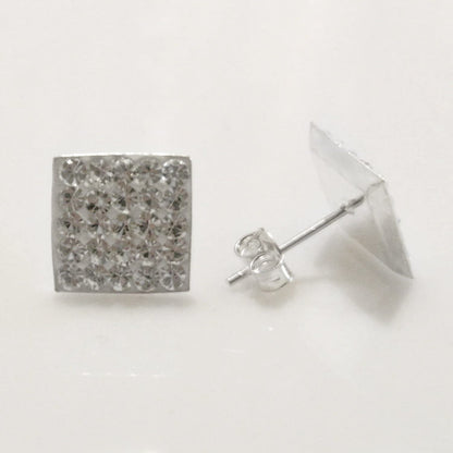 10MM Bling LADIES Square Micro Pave Austrian Crystal Sterling Silver Stud Earrings/Ear Studs for Women/Teenage/Girls - 925 Sterling Silver - White/Clear