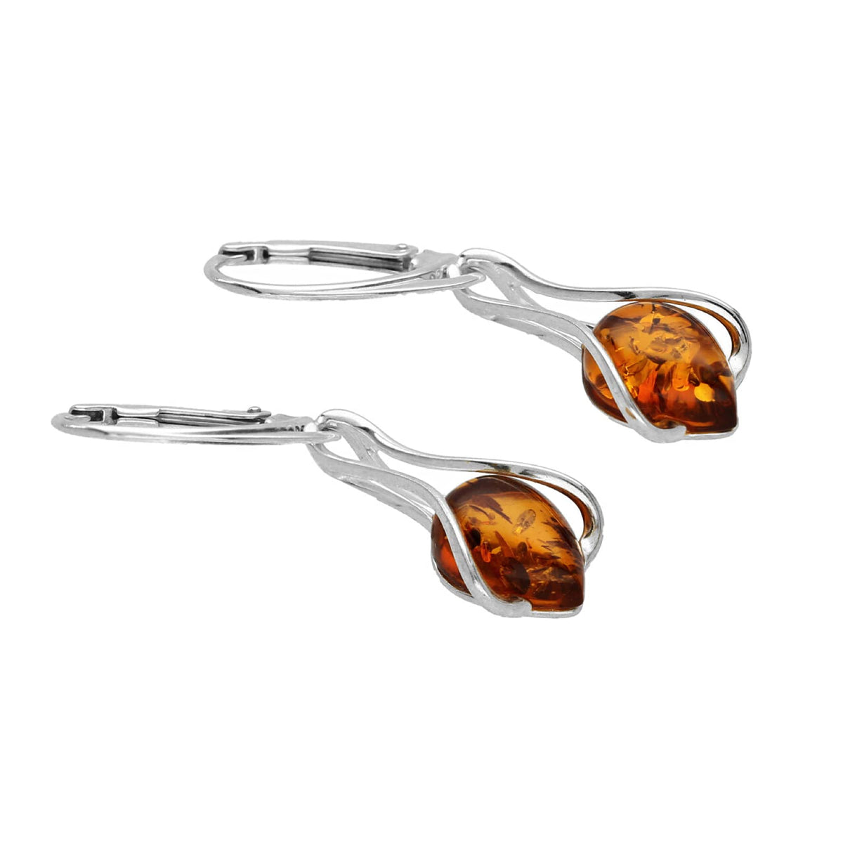 Cognac Amber Teardrop In Wire Cradle Lever Back Fancy Dangly/Dangle Drop Silver Earrings for Women/Teenage/Girls - 925 Sterling Silver - 11mm W X 23mm H - Weight: 3.05 Grams. 070038