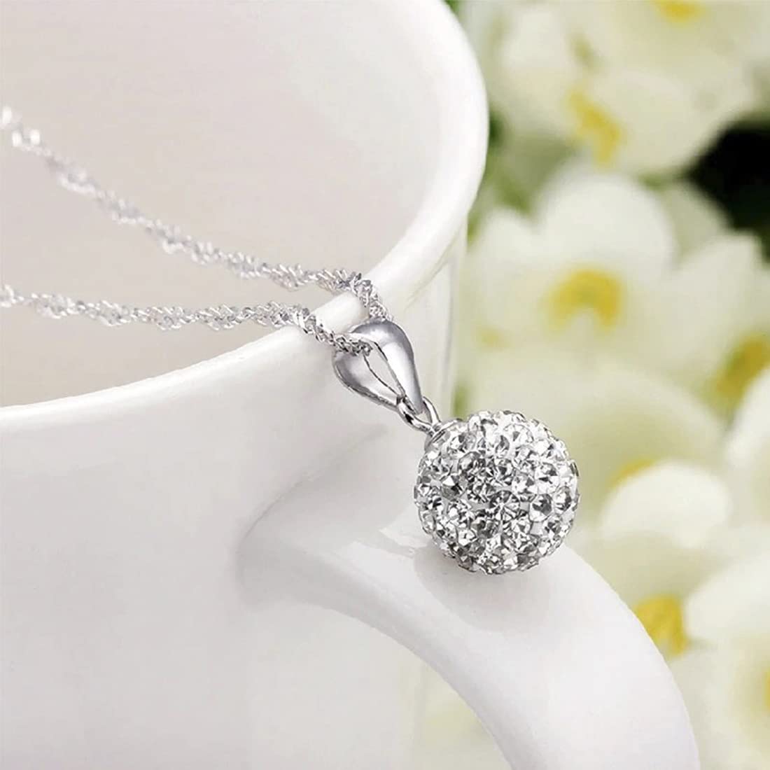Shamballa Disco Ball Sterling Silver Pendant Necklace - 10MM Sparkly Austrian Crystals