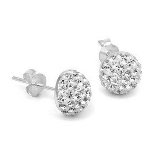 12MM WHITE Austrian Crystal Half Sparkly Pave Glitter/Disco Ball Sterling Silver Stud Earrings/Ear Studs for Women Ladies Girls - 925 Sterling Silver