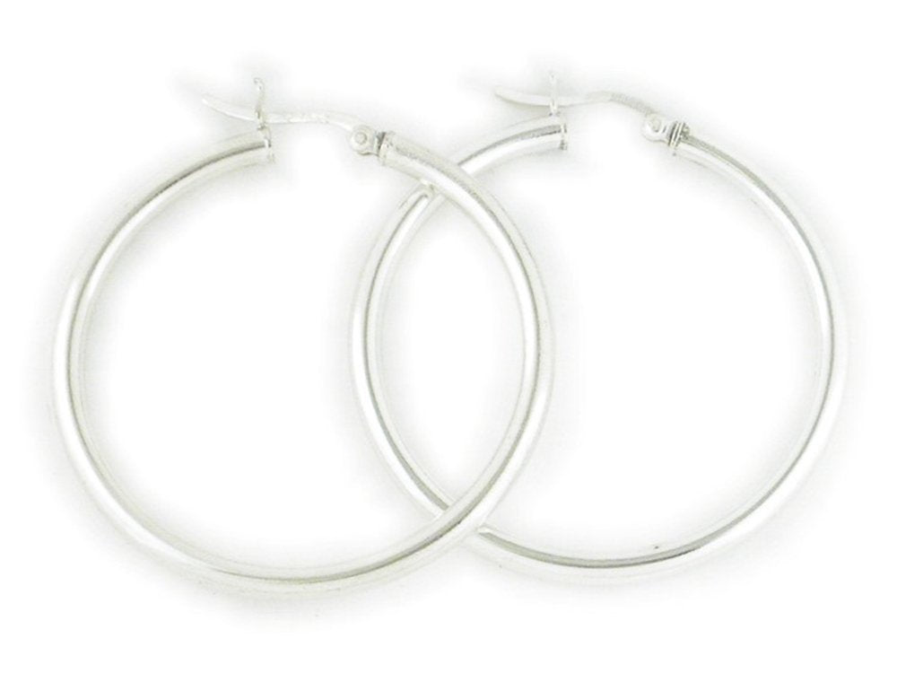Sterling Silver Polished Round Tube Creole Hoop Earrings with Snapdown Posts - 3MM Thickness - 20mm, 25mm, 30mm, 40mm, 50mm, 60mm, 65mm & 70mm Diameters Available