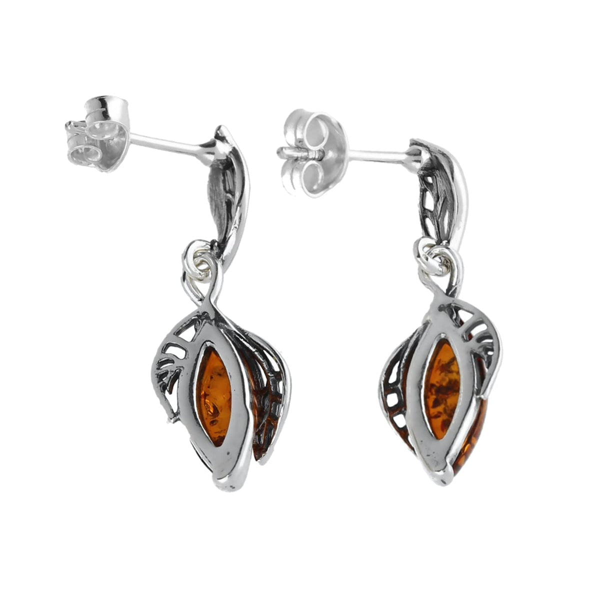 Amber Sterling Silver Earrings - Long Amber Fancy Dangly Drop Earrings - for Amber Jewellery Lovers 080057c