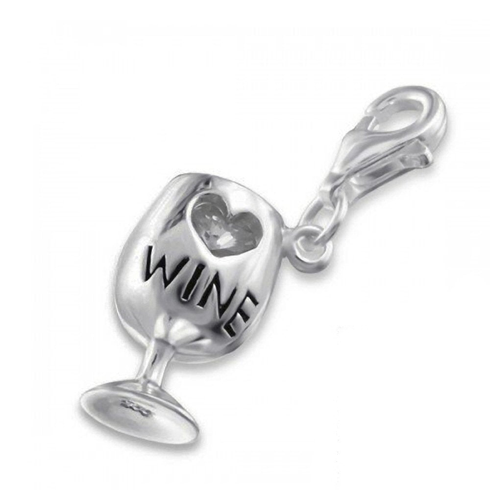 SPARKLY WINE/COCKTAIL GLASS CZ Set Sterling Silver Clip-On Clasp Charm for Women Ladies Gi 