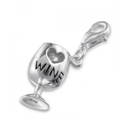 SPARKLY WINE/COCKTAIL GLASS CZ Set Sterling Silver Clip-On Clasp Charm for Women Ladies Gi 