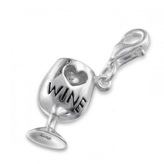 SPARKLY WINE/COCKTAIL GLASS CZ Set Sterling Silver Clip-On Clasp Charm for Women Ladies Gi ##diamond-white