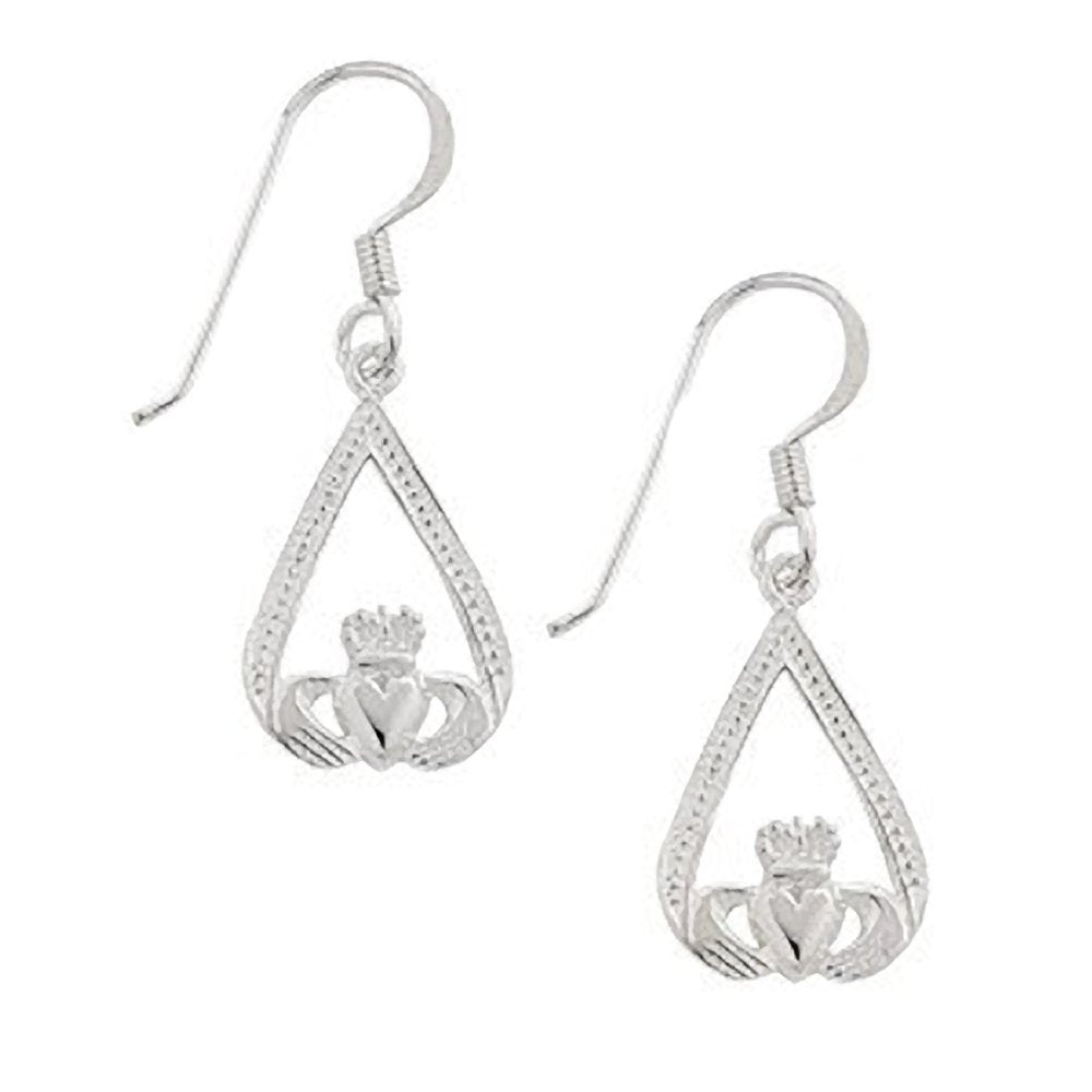 Unusual Claddagh Sterling Silver Long Dangly Drop Hook Earrings