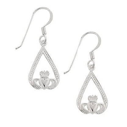 Unusual Claddagh Sterling Silver Long Dangly Drop Hook Earrings