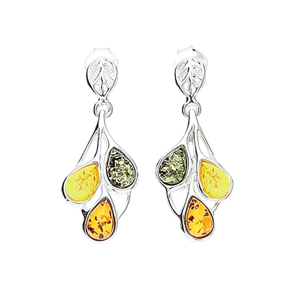Mixed Amber Leaf Design Fancy Dangly/Dangle Drop Silver Earrings for Women/Teenage/Girls - 925 Sterling Silver - Mixed Orange Yellow & Green Amber - 11mm W X 29mm H. 070386