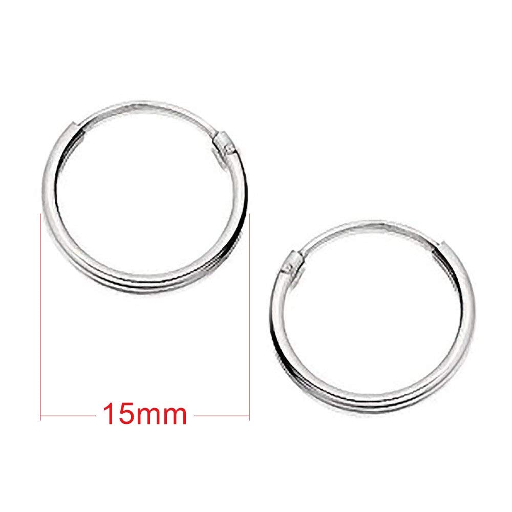 15MM Sterling Silver Round Hoop Earrings for Women Ladies Girls - Solid 925 Sterling Silver - Plain & Simple Polished Fine Circle Endless Hinged Hoops