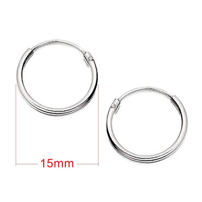 15MM Sterling Silver Round Hoop Earrings for Women Ladies Girls - Solid 925 Sterling Silver - Plain & Simple Polished Fine Circle Endless Hinged Hoops