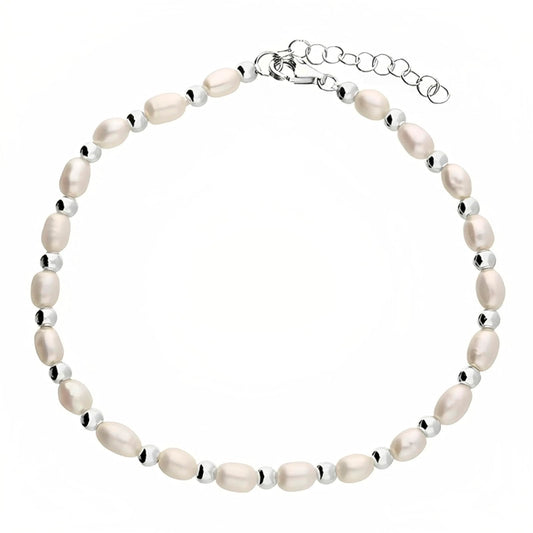 WOMENS WHITE Freshwater Pearls With Silver Beads Sterling Silver Bracelet - Ladies Elasticated Bracelet. 5098H