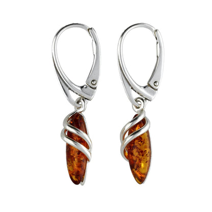 Enwrapped Teardrop Baltic Honey Orange Amber Lever Back Sterling Silver Dangly/Dangle Drop Earrings for Women Ladies Girls - Fancy Art Deco Earrings. 070346
