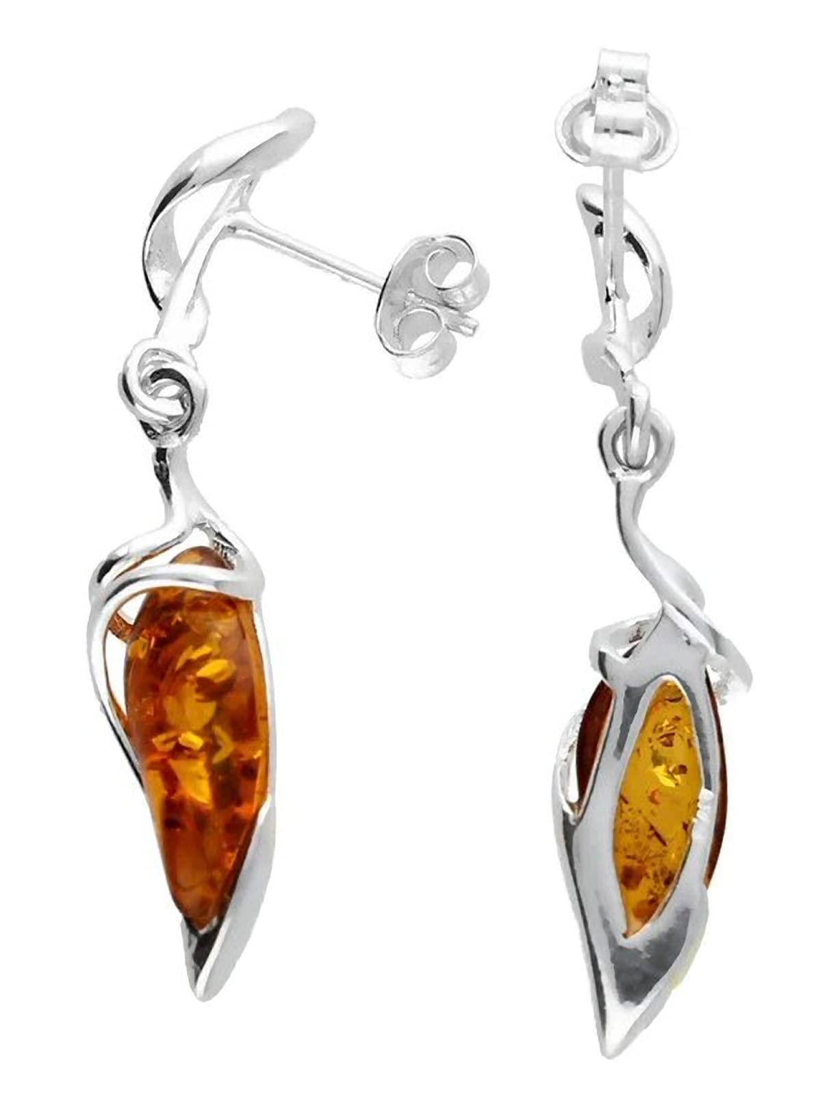 Sterling Silver Fancy Baltic Honey Dangly/Dangle Drop Amber Earrings for Women/Ladies/Girls - 925 Sterling Silver - Unusual Marquise-Shaped Cognac Amber Jewellery 070435
