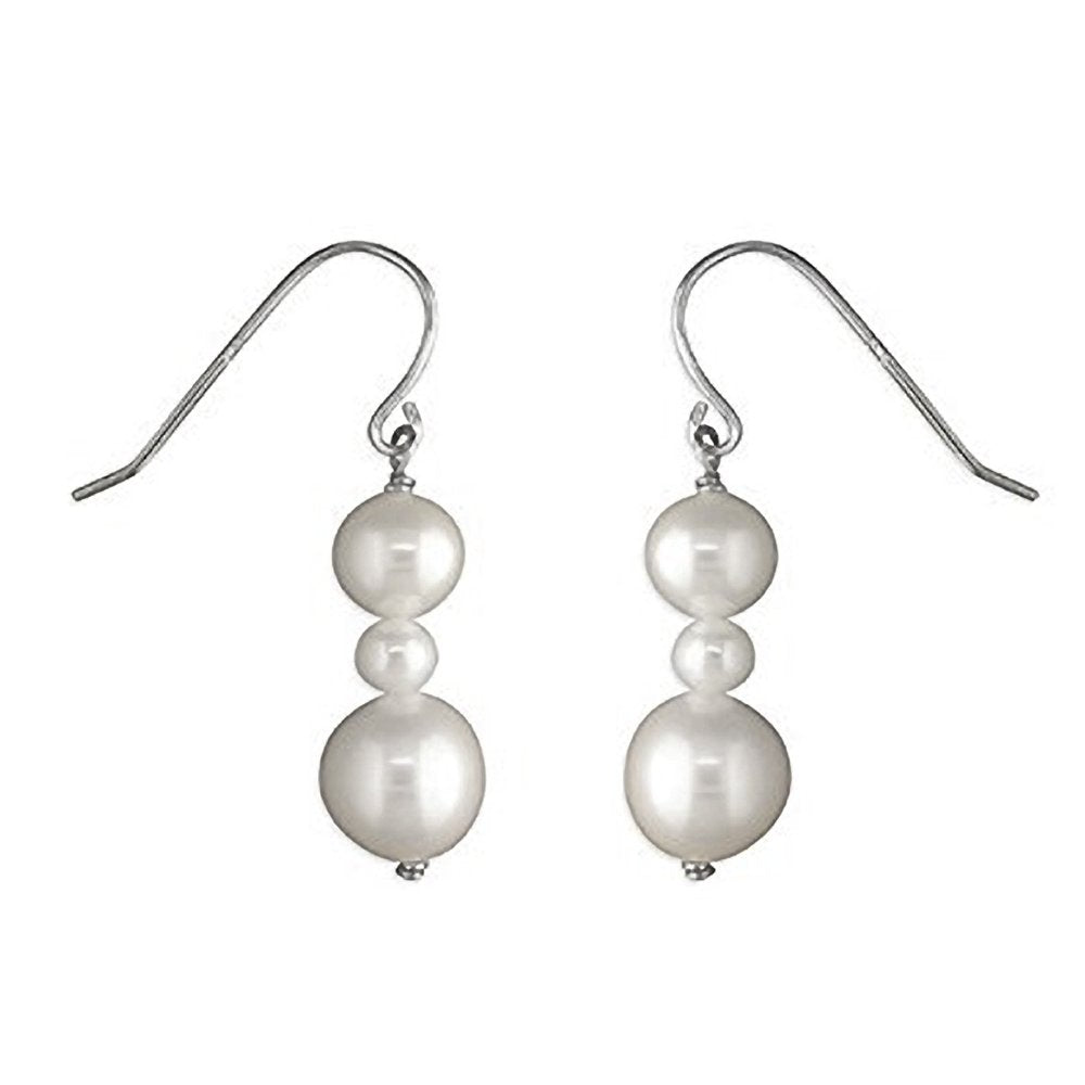 10MM White Freshwater Pearl Sterling Silver Earrings - Triple Pearl Dangly Drop Hook Earrings