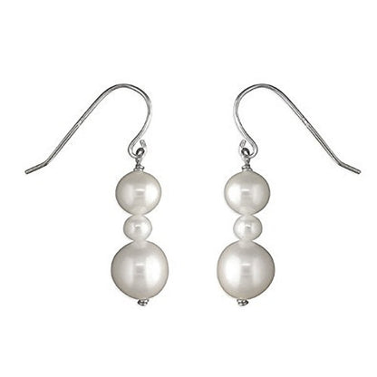 10MM White Freshwater Pearl Sterling Silver Earrings - Triple Pearl Dangly Drop Hook Earrings