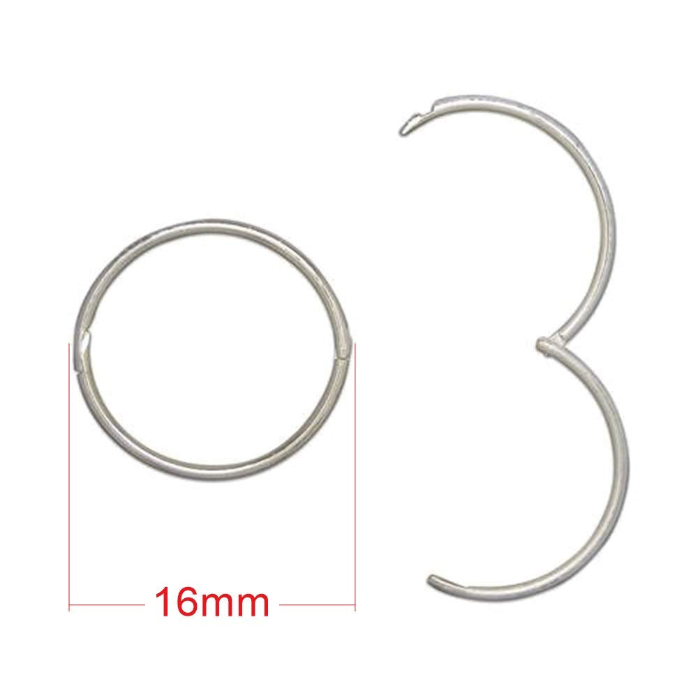 16MM Sterling Silver Round Hoop Earrings for Women Ladies Girls - Solid 925 Sterling Silver - Plain & Simple Polished Fine Circle Endless Half-Hinged Hoops