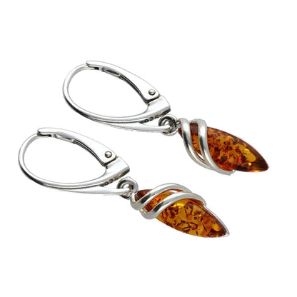 Enwrapped Teardrop Baltic Honey Orange Amber Lever Back Sterling Silver Dangly/Dangle Drop Earrings for Women Ladies Girls - Fancy Art Deco Earrings. 070346