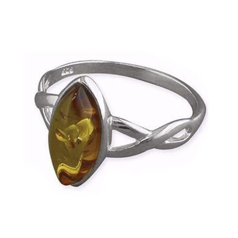 Marquise Cut Cognac Amber Ring With Cut-Out Shoulder - 925 Sterling Silver – Amber Jewellery – Sizes M-R Available