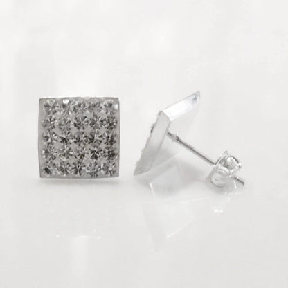 10MM Bling LADIES Square Micro Pave Austrian Crystal Sterling Silver Stud Earrings/Ear Studs for Women/Teenage/Girls - 925 Sterling Silver - White/Clear