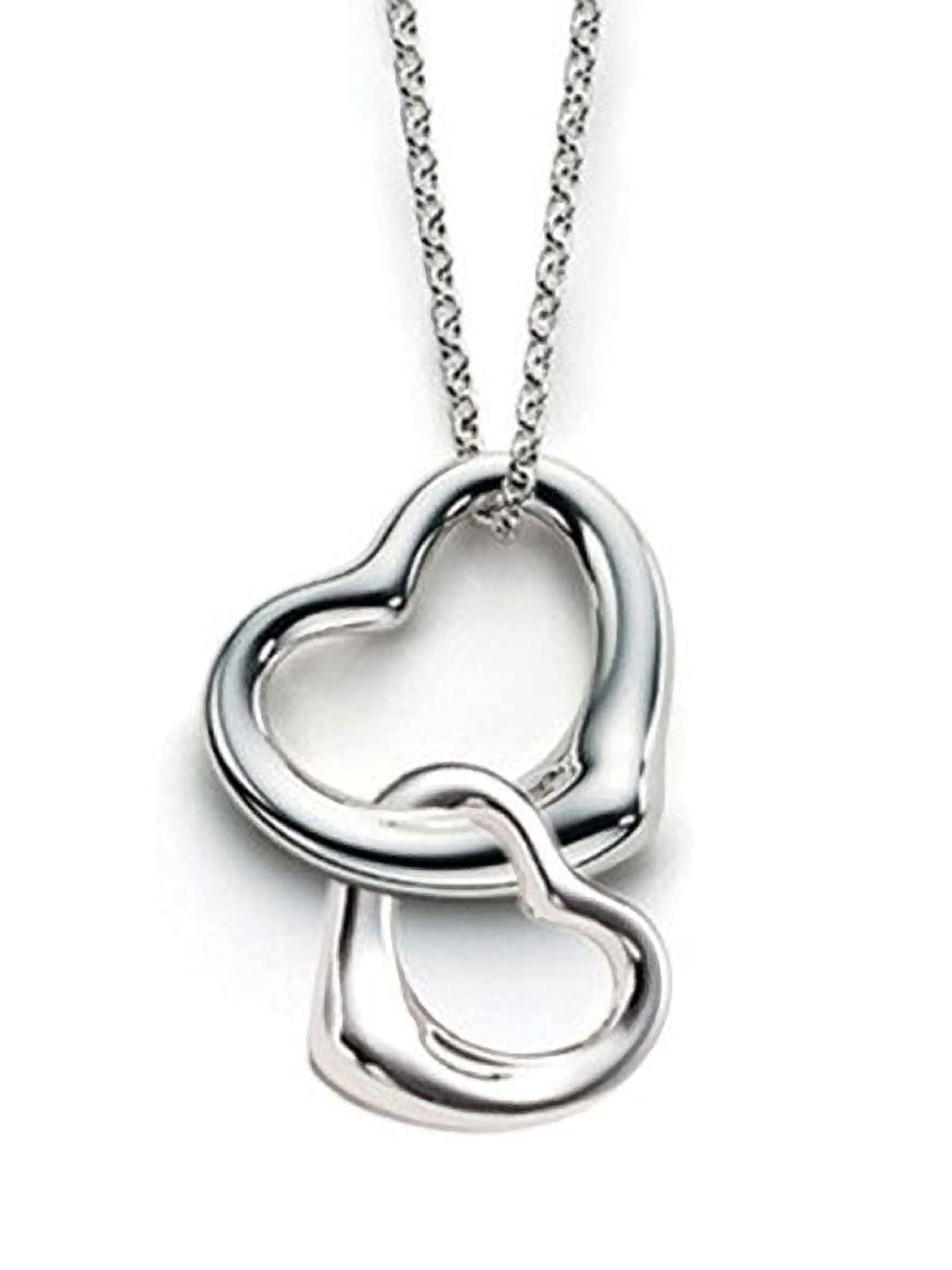 Classic Double Floating Heart Pendant Necklace on Silver Tone Curb Chain for Women/Teenage/Girls - 925 Sterling Silver Plated