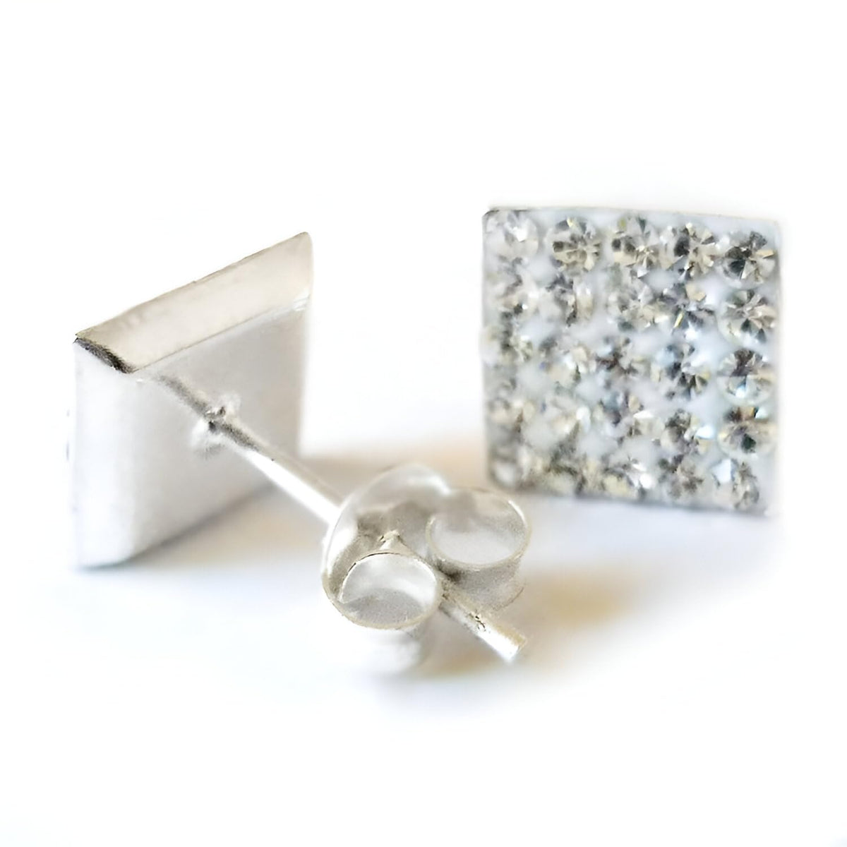 8MM MENS Square Micro Pave Austrian Crystal Sterling Silver Stud Earrings