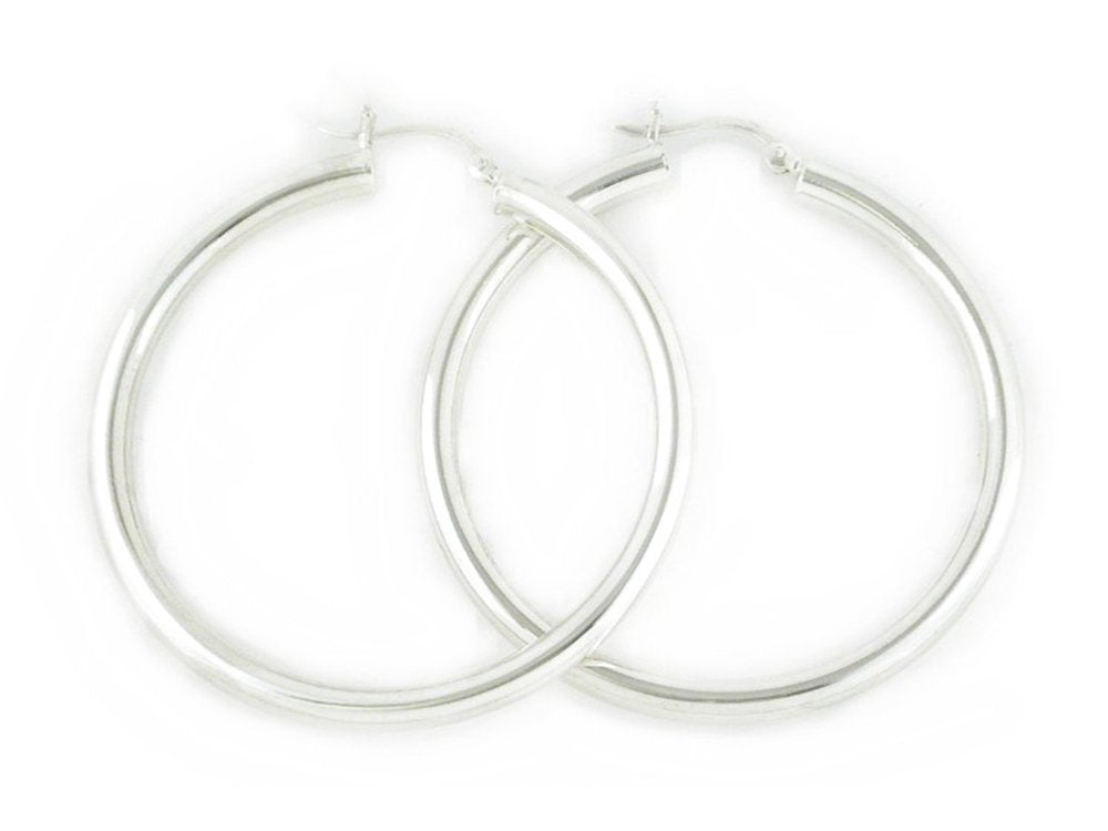 Sterling Silver Polished Round Tube Creole Hoop Earrings with Snapdown Posts - 3MM Thickness - 20mm, 25mm, 30mm, 40mm, 50mm & 60mm Diameters Available