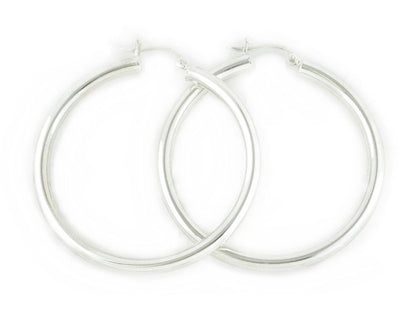 Sterling Silver Polished Round Tube Creole Hoop Earrings with Snapdown Posts - 3MM Thickness - 20mm, 25mm, 30mm, 40mm, 50mm & 60mm Diameters Available