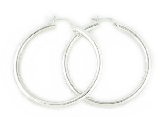 Sterling Silver Polished Round Tube Creole Hoop Earrings with Snapdown Posts - 3MM Thickness - 20mm, 25mm, 30mm, 40mm, 50mm & 60mm Diameters Available