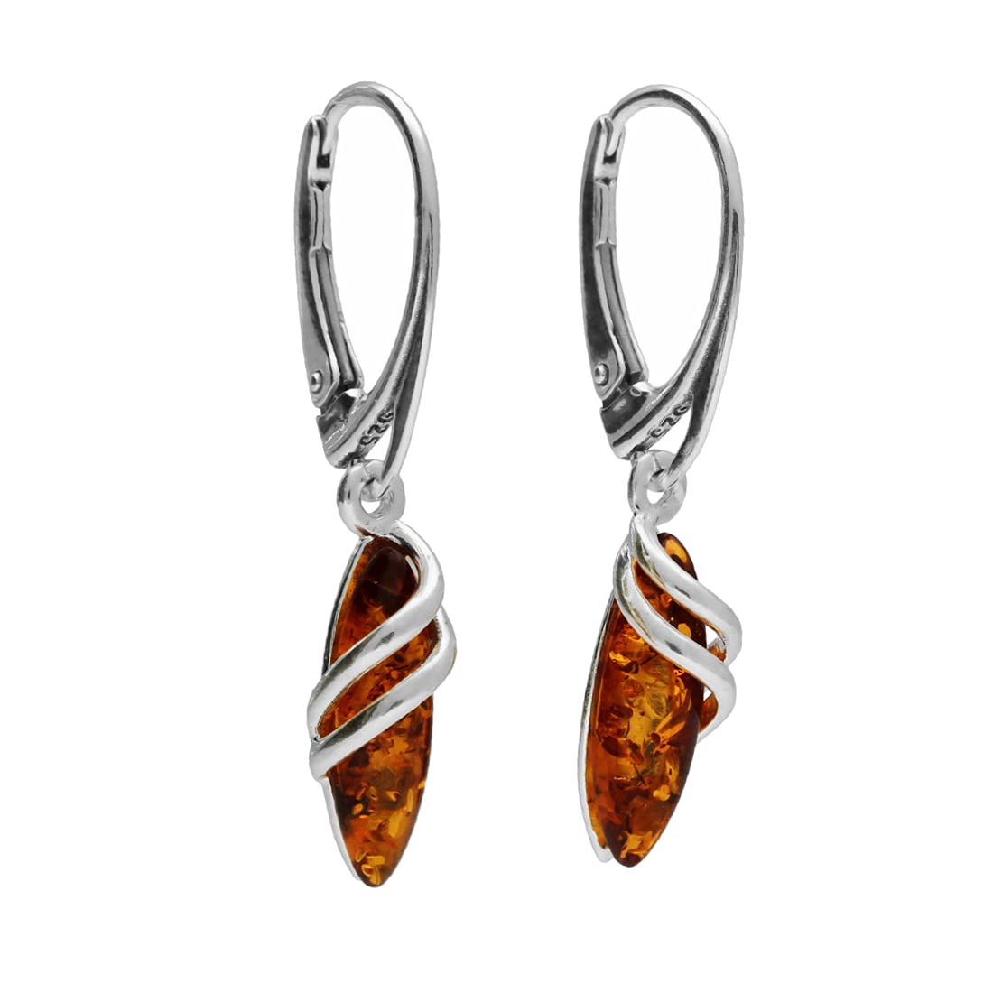 Enwrapped Teardrop Baltic Honey Orange Amber Lever Back Sterling Silver Dangly/Dangle Drop Earrings for Women Ladies Girls - Fancy Art Deco Earrings. 070346