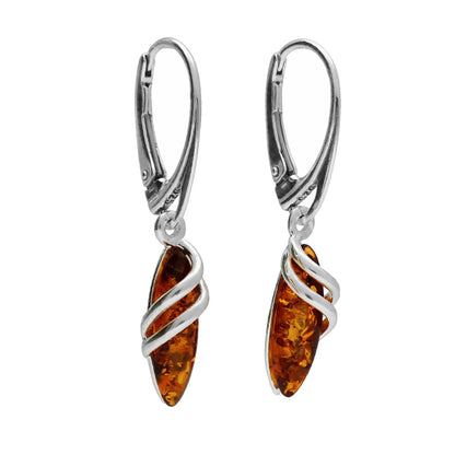 Enwrapped Teardrop Baltic Honey Orange Amber Lever Back Sterling Silver Dangly/Dangle Drop Earrings for Women Ladies Girls - Fancy Art Deco Earrings. 070346